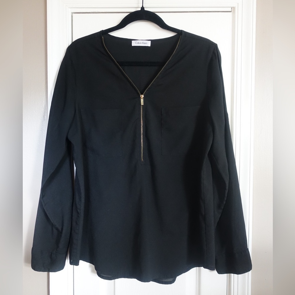 Calvin Klein Black Blouse with Gold Zipper